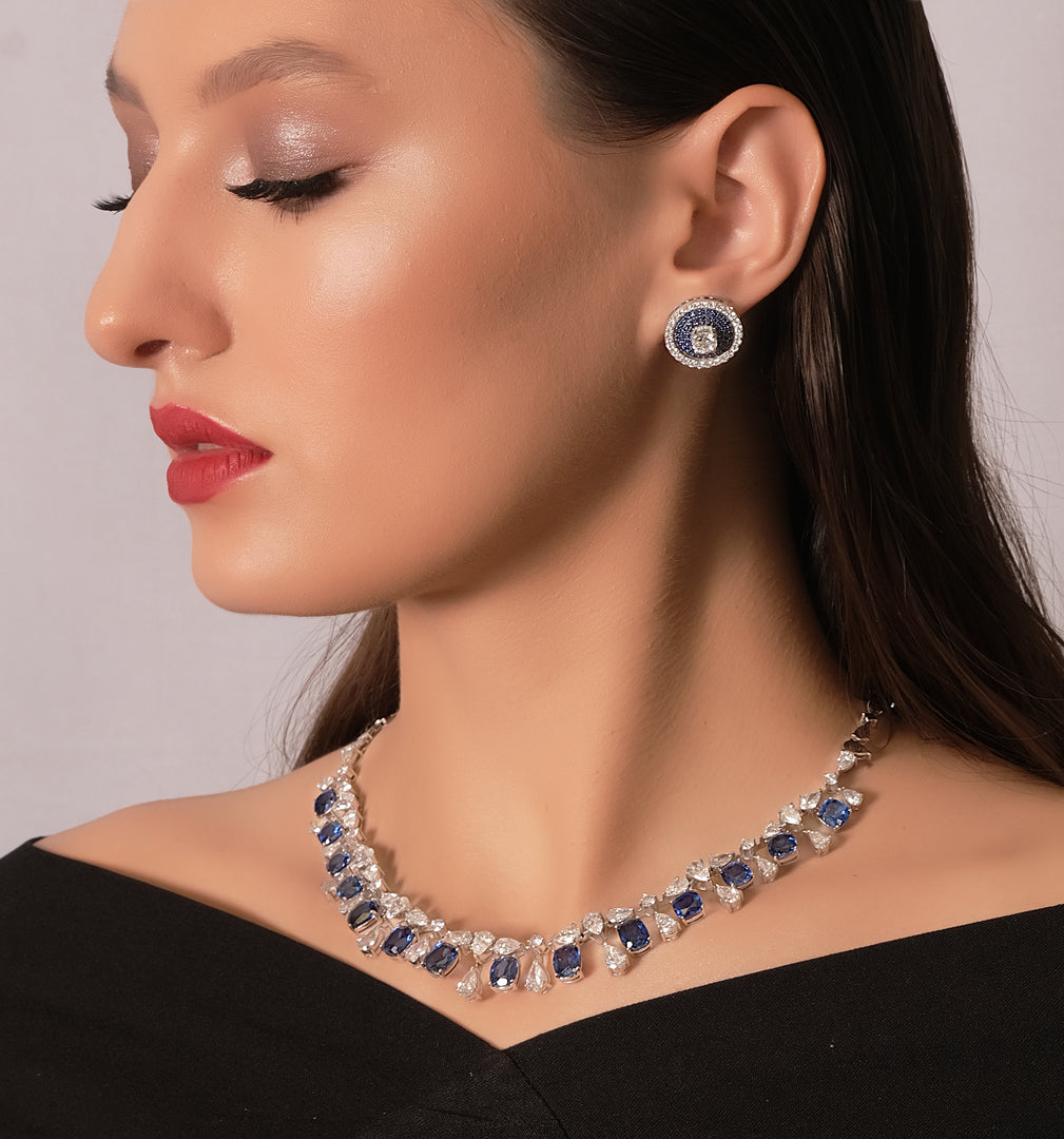 Blue Color Stone and Diamond Stud Earrings