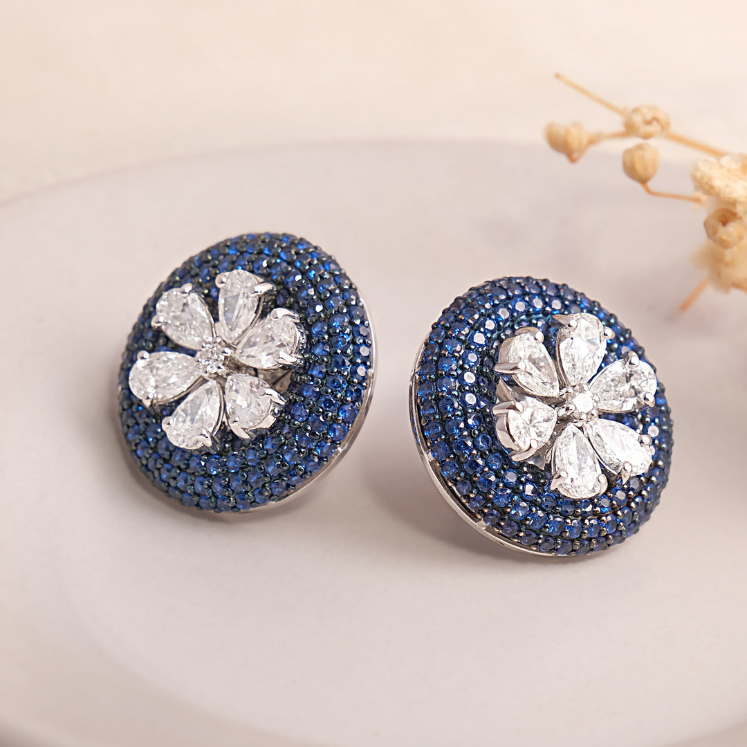 Diamond and Blue Stone Flower Stud Earrings