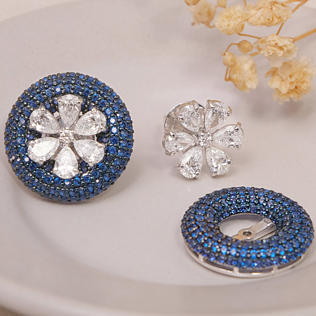 Diamond and Blue Stone Flower Stud Earrings
