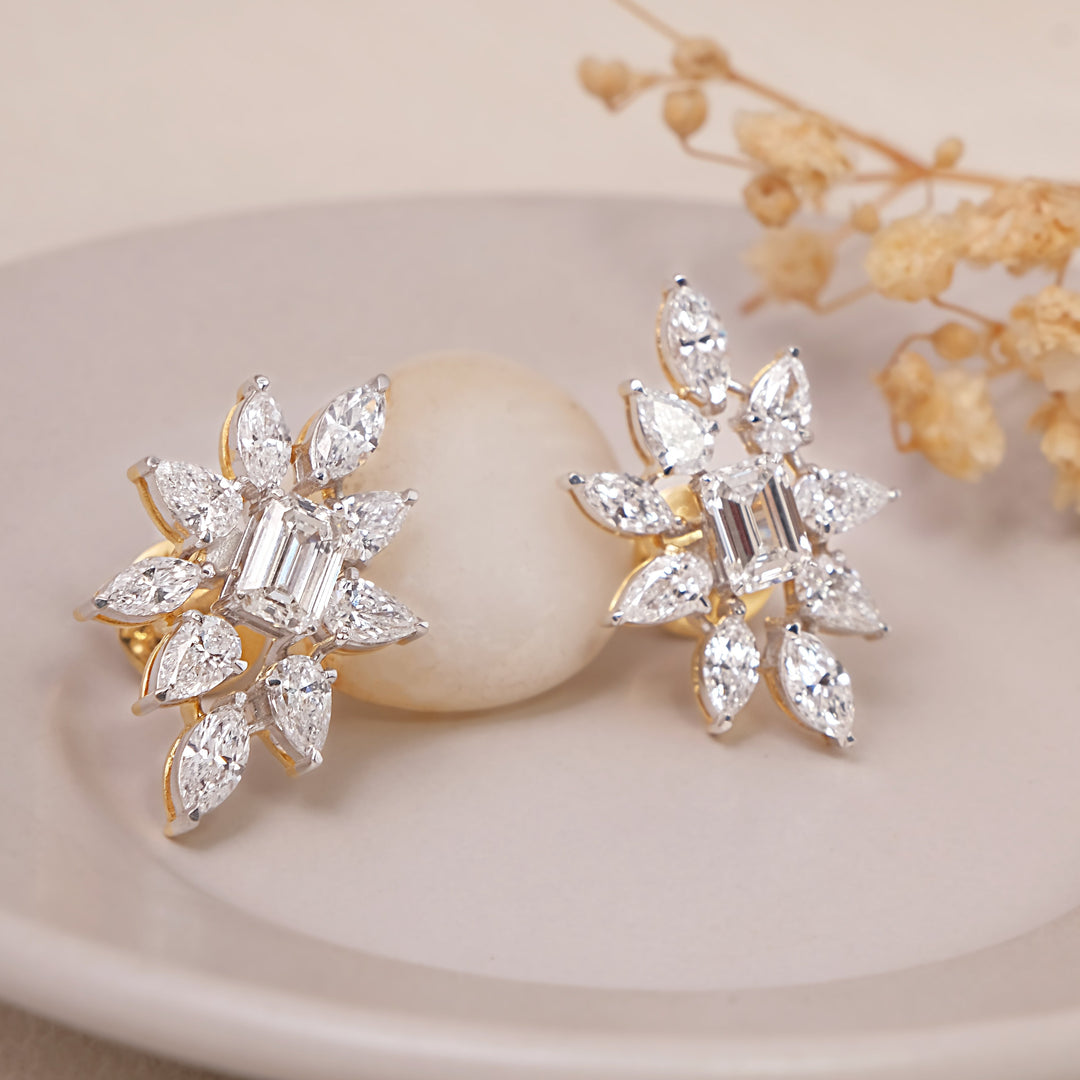 Marquise, Pearl and Emerald-Cut Diamond Stud Earrings