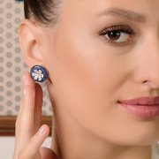 Diamond and Blue Stone Flower Stud Earrings