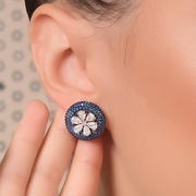 Diamond and Blue Stone Flower Stud Earrings