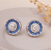 Diamond and Blue Stone Halo Stud Earrings