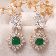 Green Color Stone and Diamond Drop Earrings